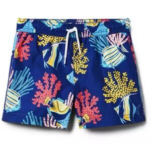 Janie And Jack Boys Swim Trunks Shorts Fish Reef UPF 50+ Print Sz 7 Drawstring